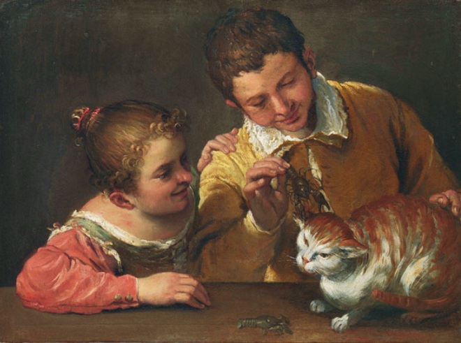 Двое детей дразнят кота